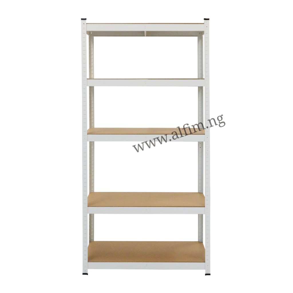 WHITE 5-Step Boltless Steel Buckle Shelving Rack With 5 Adjustable Shelves.